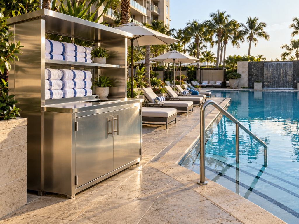 A custom stainless steel towel station, showcasing expert local fabrication, holds rolled white towels with blue stripes on a stone patio beside a swimming pool with lounge chairs and palm trees.