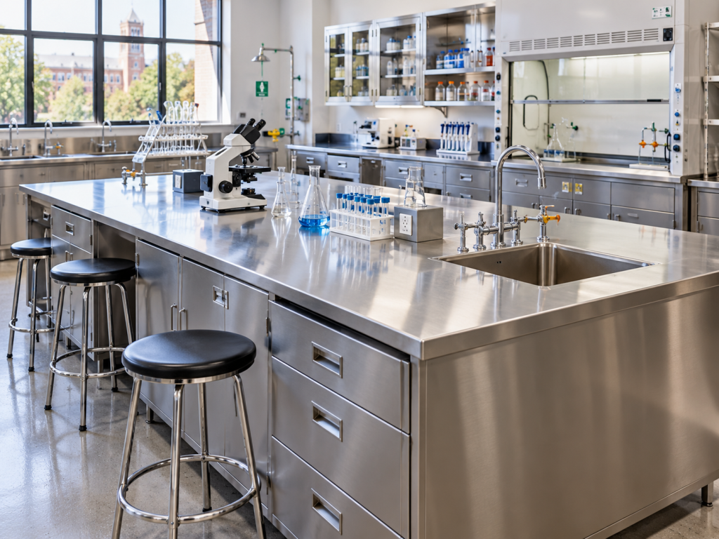 A modern science laboratory featuring Wisconsin-made stainless steel worktables, a microscope, test tubes, and a sink.
